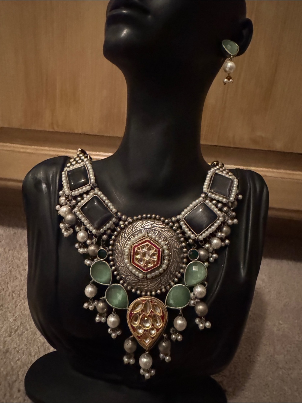Statement Green and Silver Kundan Necklace Set